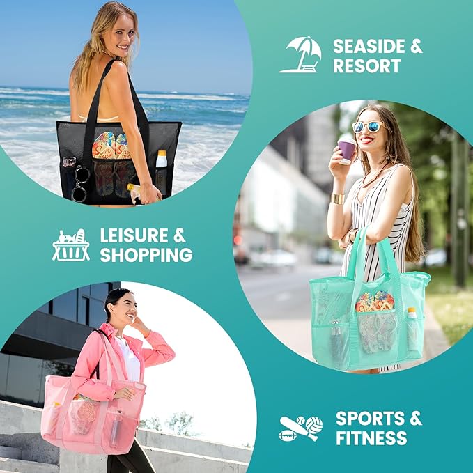 Mesh Beach Bag, Large Bag with Zipper Beach Bags for Women Waterproof Sandproof with 5 Pockets Green