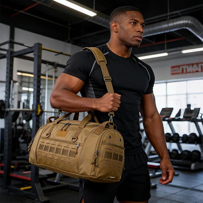 Gym Bag for Men Women 45L Sports Duffle Bag for Travel Tactical Military Duffel Bag with Shoe & Laptop Compartment Lightweight Medium Weekender Travel Bags for Fitness Training Workout, Brown