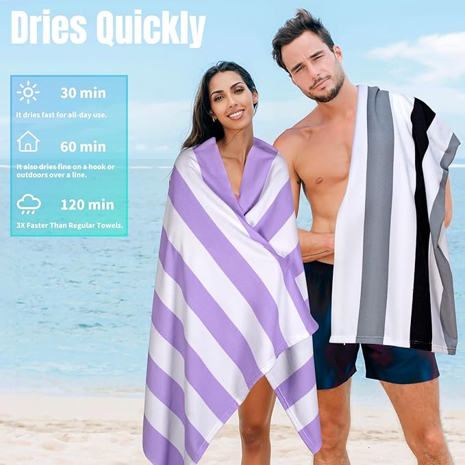 cabanana Large Oversized Beach Towel - Microfiber Sand Free 35 x 70 Inch Quick Dry Lightweight Pool Towel for Adults, Thin Striped Swim Towel