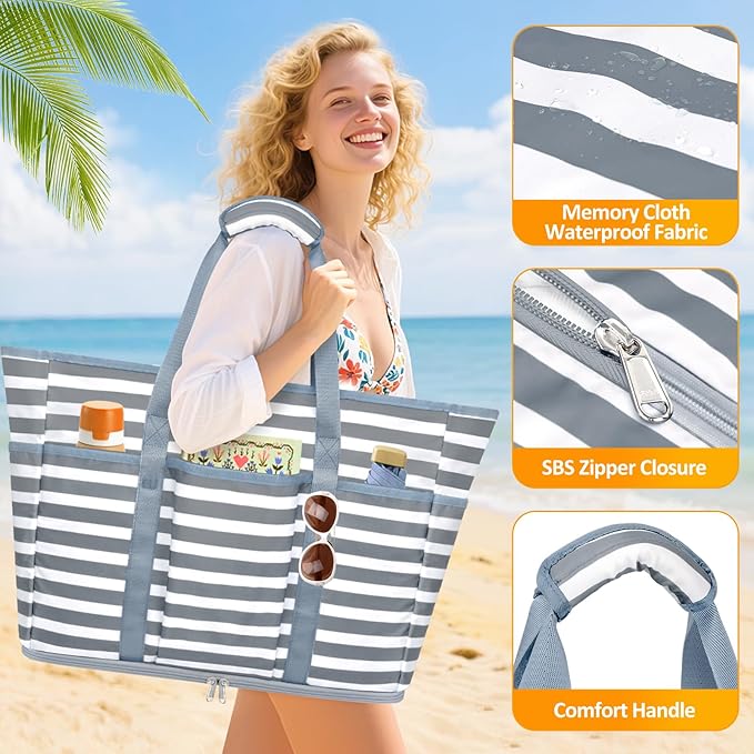 Large Beach Bag with Zipper, 12 Pockets Waterproof Sandproof Pool Bag Womens Mesh Beach Tote Bag for Travel Vacation