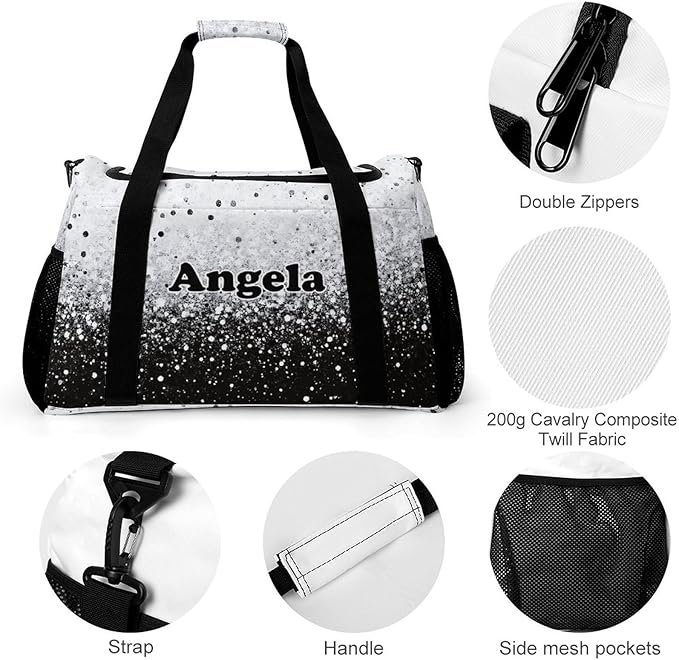 Black White Bling Print Personalized Duffle Travel Bag Custom Duffel Bag with Printed Sports Bag with Name Weekend Overnight