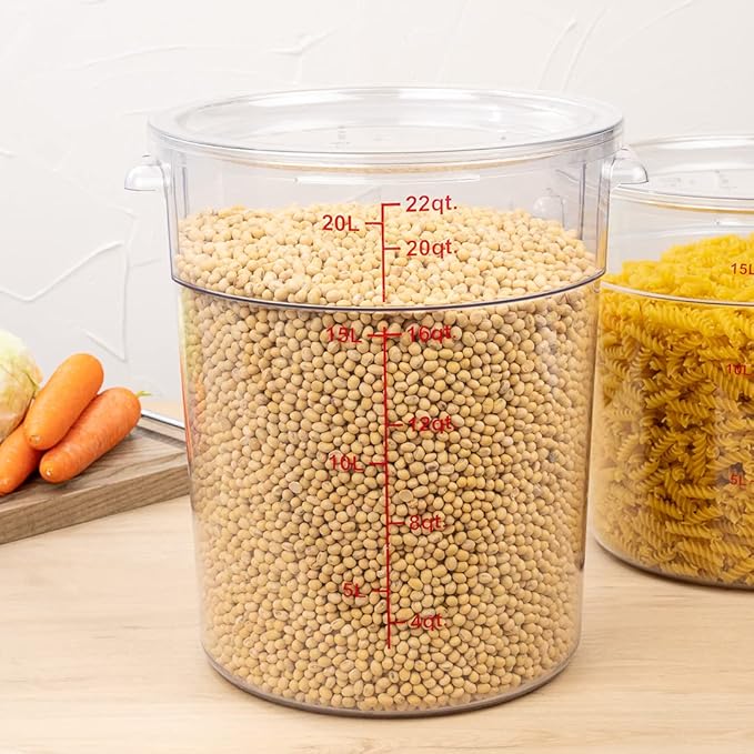 Restaurantware Met Lux 22 Quart Food Storage Container, 1 Round Commercial Storage Container - Lid Sold Separately, With Volume Markers, Clear Plastic Food Prep Bucket, Space-Saving Storage