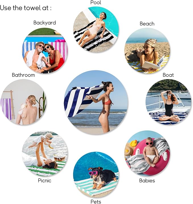 cabanana Large Oversized Beach Towel - 35 x 70 Inch Cotton Pool Towel, Royal Blue Striped Soft Cabana Swim Towel
