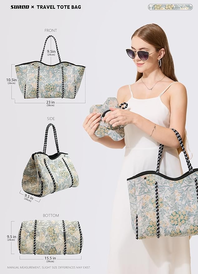 Neoprene Tote Bag for Women, Large Travel Beach Bag with Detachable Pouch, Stylish Lightweight Everyday Carryall