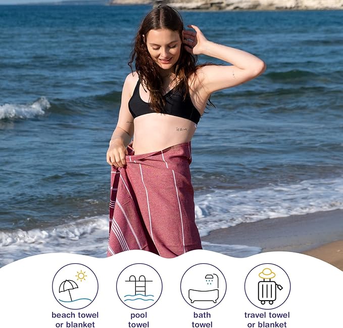 Turkish Beach Towels, Bulk Case of 36 | Oversized, Quick Dry, Sand Free | 100% Cotton, Large 38x71 Towels for Beach, Pool, Travel | Ultra-Soft, Compact, Absorbent | Burgundy