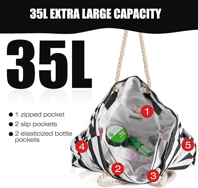 KUAK Beach Bag, Large Beach Bags for Women Waterproof Sandproof Beach Tote Bag with Zipper and Pockets for Pool Family