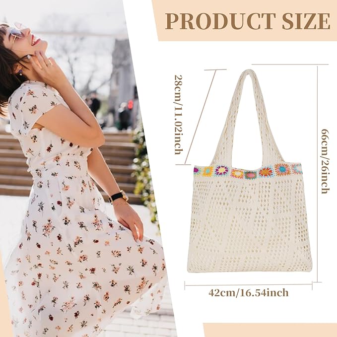 Sightor Crochet Tote Bag, Mesh Beach Bag Knit Summer Hobo Bag Vacation Boho Tote Bag for Women