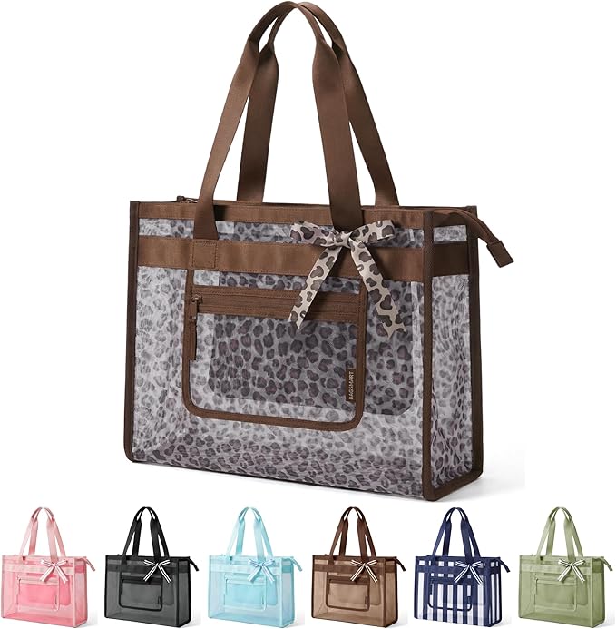 BAGSMART Mesh Beach Bag with Zipper Pocket, Large Beach Tote Bags for Women | for 40 oz Bottle, Removable Ribbon Bow, Sandproof & Washable, Cruise Essentials, for Swim, Pool, Gym, Vacation, Travel Bag