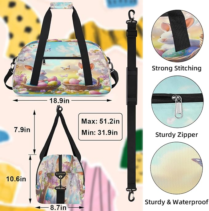 Kids Duffle Bag Girls Boys Spring Floral Easter Bunny Eggs Butterdly Weekender Overnight Bag,Lightweight Duffel Bags for Traveling Gym Sport Dance