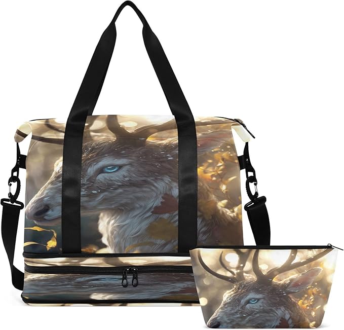 Travel Duffel Bags for Women Golden Autumn Deer Print Sports Duffel Bags Gym Bags with Shoes Compartment Tote Bag Weekender Bag for Travelling