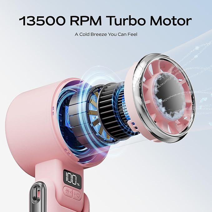Portable Handheld Fan with Ice Cooling - 5 Gear High Speed Personal Turbo Fan Rechargeable, Up to 13 Hrs, Mini Hand Fans for Travel Essentials, Beach Vacation, Gifts for Women, Men (Pink)