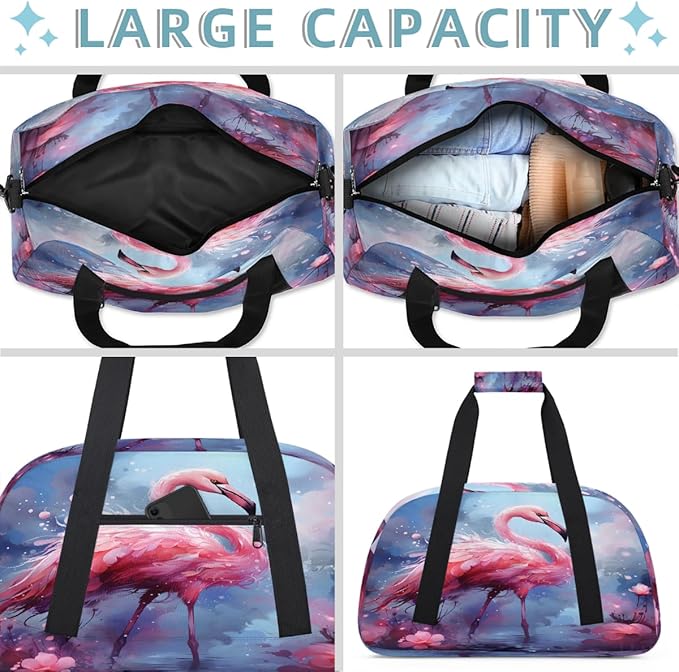Gym Bag for Women Men, Pink Flamingo In Water Travel Duffle Bags for Dance Ballet Overnight, Carry-On Weekender Bag with Detachable Shoulder Strap