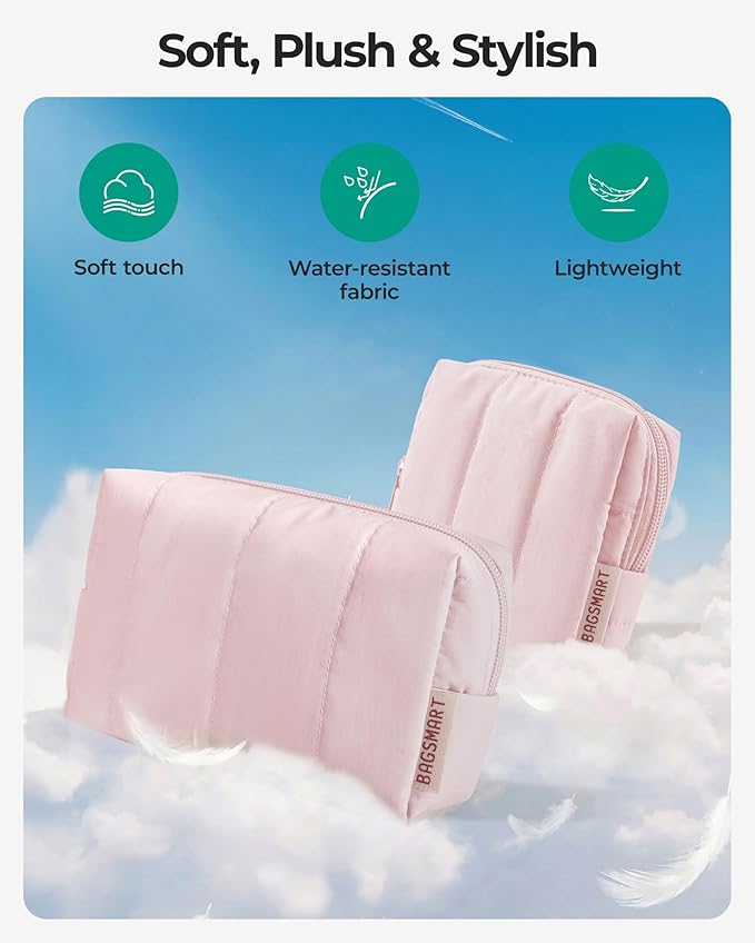 BAGSMART Makeup Bag Duo Set, Puffy Padded Travel Cosmetic Organizer with Slip-in Pockets, Large Toiletry Bag & Small Purse Pouch, Travel Essentials for Women, Black