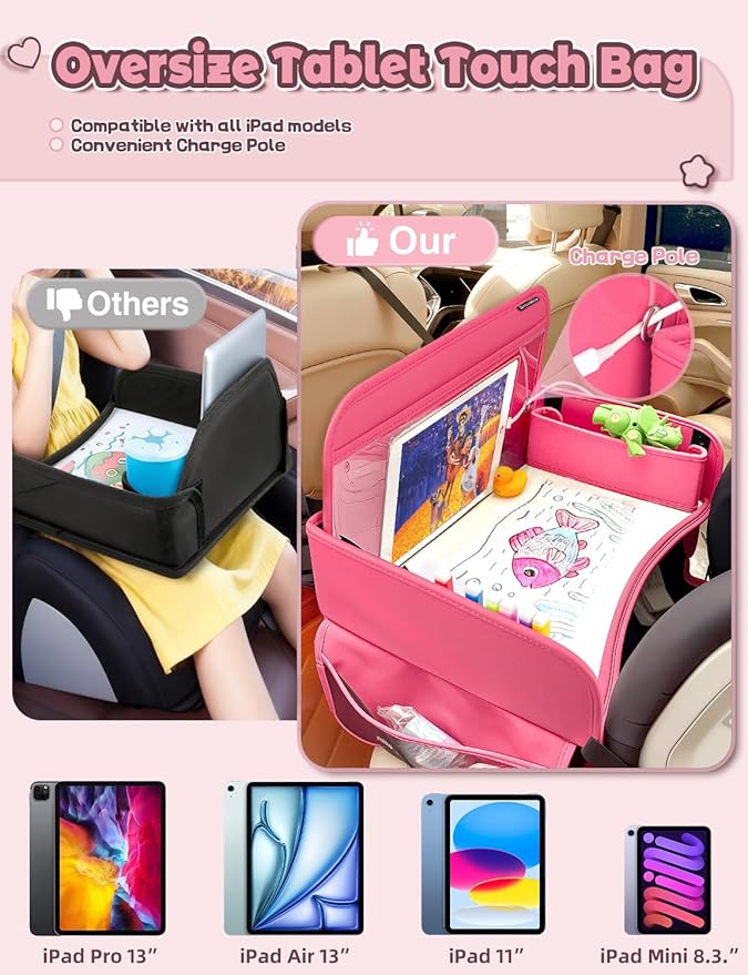 Leather Kids Travel Tray for Car - Car Seat Tray for Kids Travel, Road Trip Essentials, Carseat Table for Roadtrip Activities - Must Have Toddler Lap Desk Organizer for Airplane (Pink)