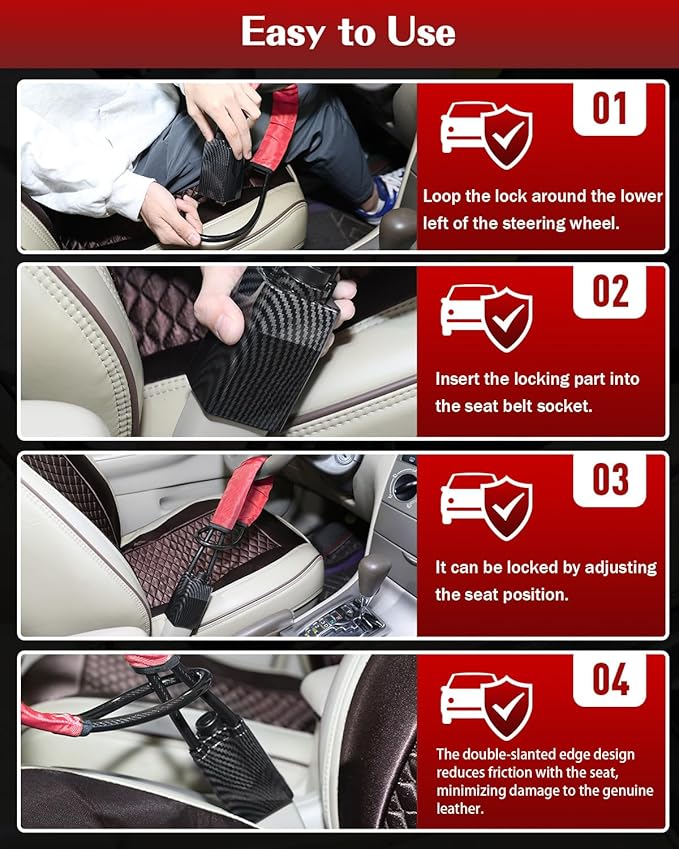 Upgraded car Steering Wheel Lock, seat Belt Lock and Anti-Theft Device, Water Transfer Printing Process, 3 Keys, Multi-Functional, Suitable for Most Vehicles, SUVs and Golf cart Security (red).