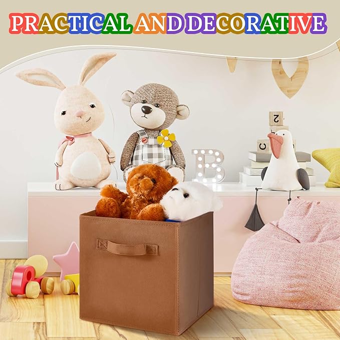 Yinder 12 Pcs Cube Storage Bin Brown 11'' Storage Bins for Playroom Decor Colorful Bins for Kids Foldable Baskets for Nursery Organizer Boxes Fabric Boxes