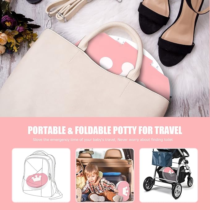 Portable Potty for Toddler Travel Foldable Potty Seat for Toddler Training Toilet for Kids Boys Girls Car On The Go Potty Travel Toilet Chair for Camping Park Indoor/Outdoor (Pink)