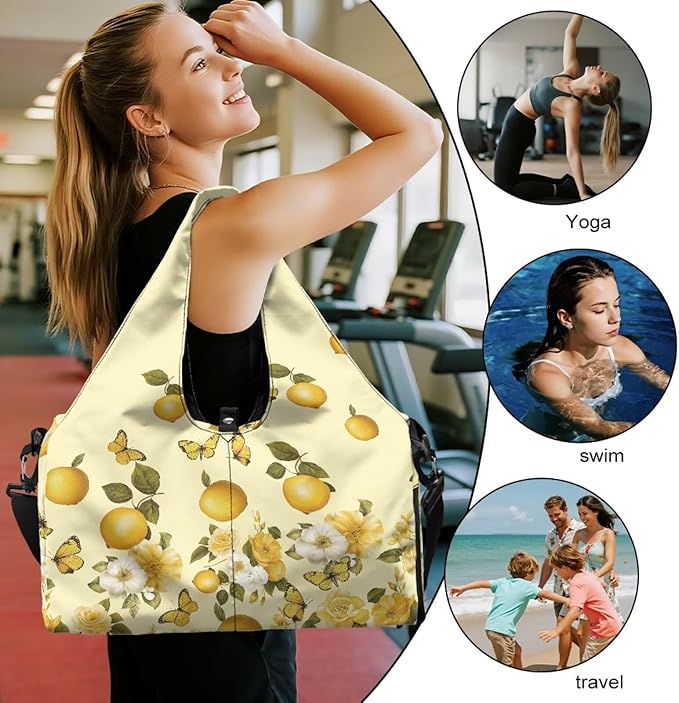 Travel Carry On Bag for Women with Yoga Mat Holder Strap, Lemon Gym Duffle Bag with Shoes Compartment, Wet Pocket, Gym Backpack Carring Workout Stuff Accessories