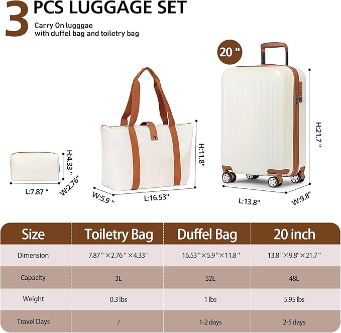 KYME Carry On Luggage Sets 3 Piece 20 Inch Suitcase Set with Duffel Bag ABS+PC Hardshell Travel Luggage with Spinner Wheels TSA Lock (Beige, 3Pcs Set)