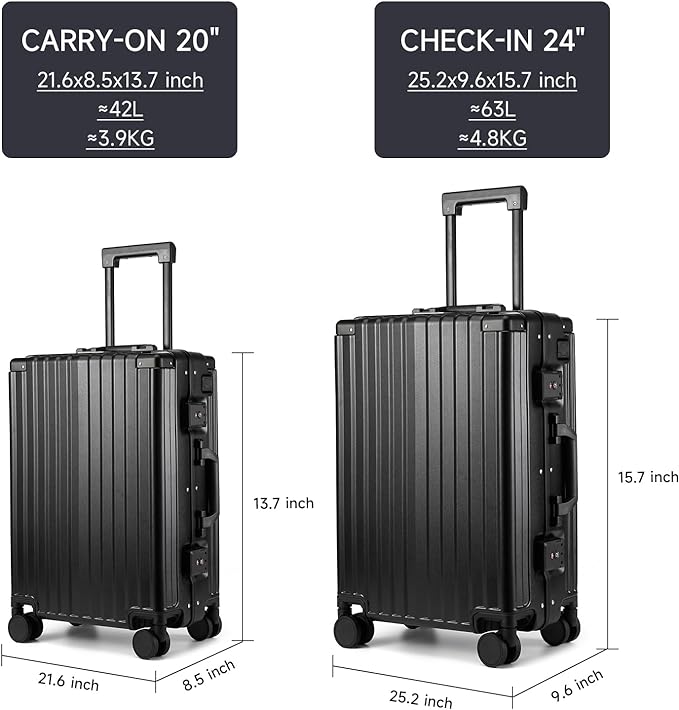 MYER Hard Case 24 Inch Checked Luggage with Spinner Wheels,Aluminum Luggage with 100% 3-Layer PC,Hard Shell Suitcases with Wheels,Cup Holder and USB Port (Classic Black, 24 inch)