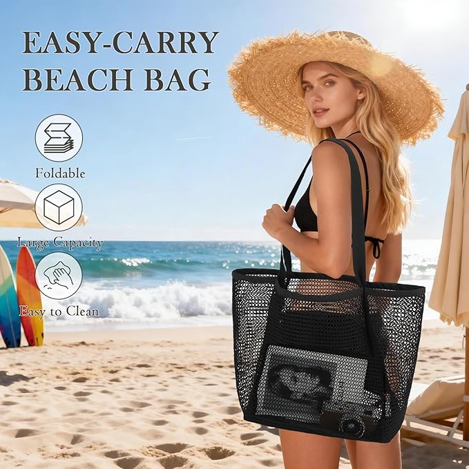 Fammart Mesh Beach Bag for Women, Summer Straw Tote Hobo Pool Bags with Zipper Pocket, Travel Vacation Cruise Essentials 2026