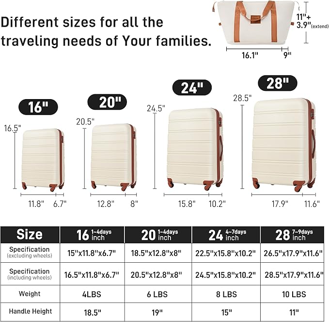 Merax Luggage sets of 13 Piece 16 20 20 28 IN Carry on Luggage Hard Case White and Brown Luggage Expandable Checked Luggage Suitcase Set with Wheels