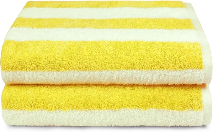 Amazon Basics 100% Cotton Beach Towel, Soft & Absorbent, Fast Drying, Cabana Stripe, Large 30" x 60", Yellow, 2-Pack