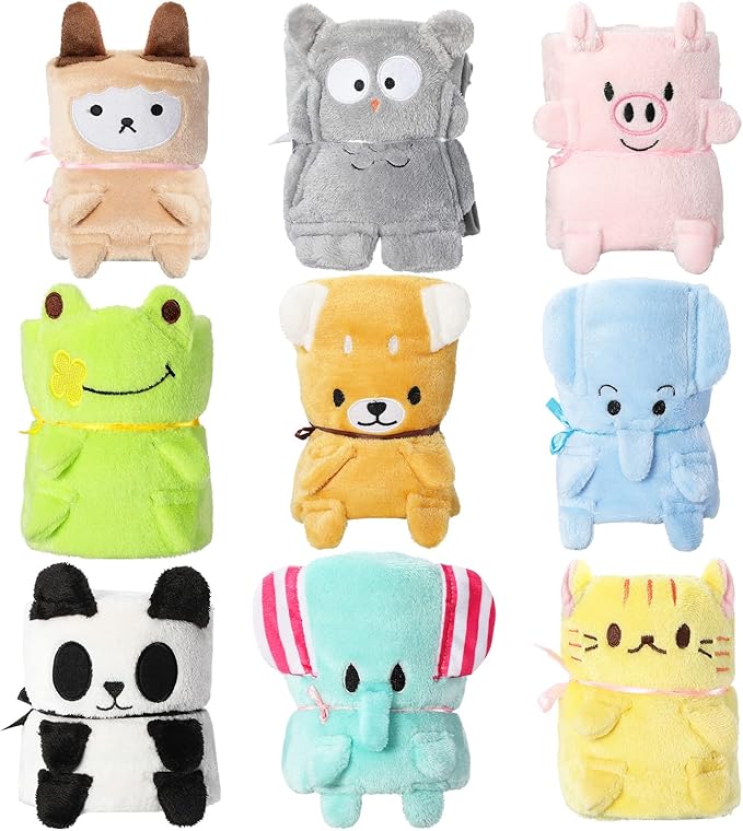 Boyiee 9 Pack Kids Travel Blanket for Airplanes Daycare Nap Blankets in Bulk Small Cute Animals Lightweight Fleece Throw Blanket for Kids Birthday Party Favors