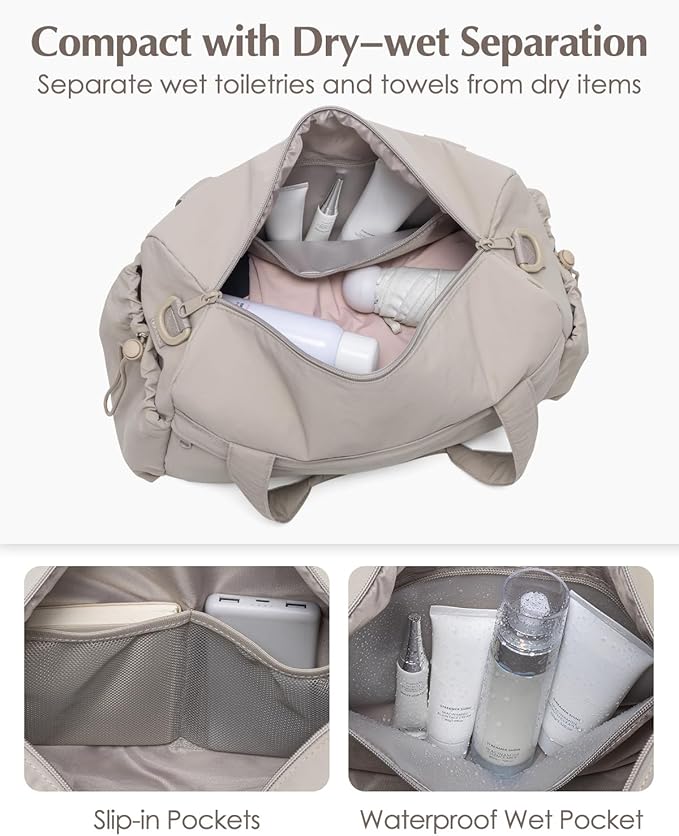 Small Gym Bag, Mini Gym Bag for Women with Yoga Mat Holder and Wet Compartment, Cute Mini Puffer Duffle Bag with Water Bottle Pocket for Workout Yoga Dance, Puffer Camel