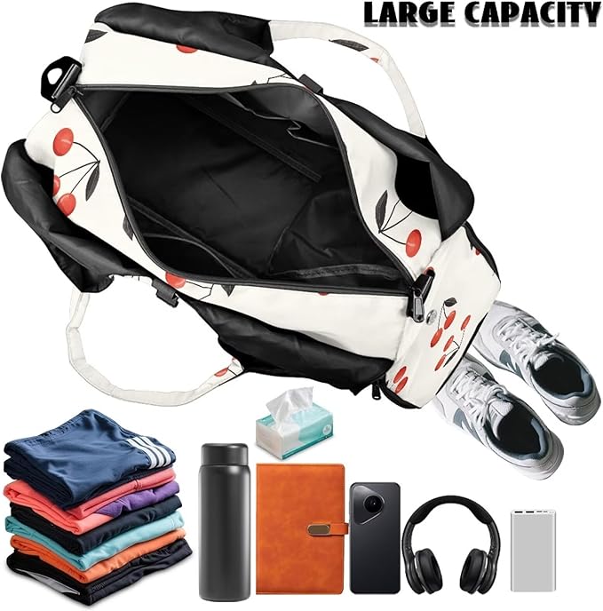 Waterproof Womens Duffle Bag with Pockets, Double Zipper, Cherry Gym Bag with Shoe Compartment, Overnight Bag with Yoga Mat Holder Gift for Anniversary