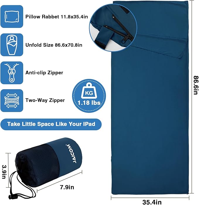 Sleeping Bag Liner, Travel Sheets & Adult Sleep Sack, Ultralight and Portable Summer Sleeping Bag - Ideal for Backpacking, Hotels and Hostels, Business Trips, Camping