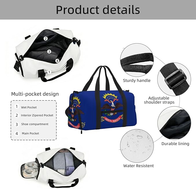 North Dakota State Flag Print Gym Bag with Shoe Compartment for Women Men, 17.7in Sports Duffle Weekender Tote, Overnight Travel Duffel Bag Carry On