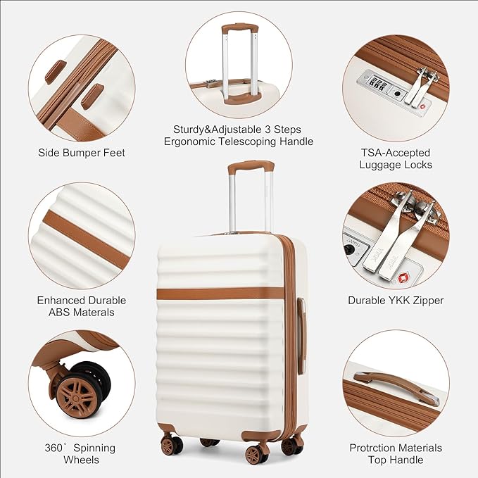 Kono Expandable 28 Inch Large Checked Luggage: ABS+PC Hardside Trolley Travel Case - Hard Shell Suitcase with TSA Lock, Cream Brown