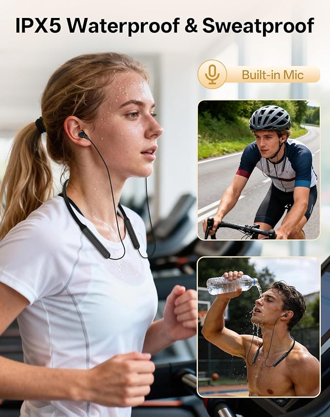 Neckband Bluetooth Headphones, Wireless Bluetooth 6.0 Earbuds with Microphone, Comfortably Light, Deep Bass Earphones 35H Playtime, IPX5 Waterproof, Magnetic Headset for Workout (Black)