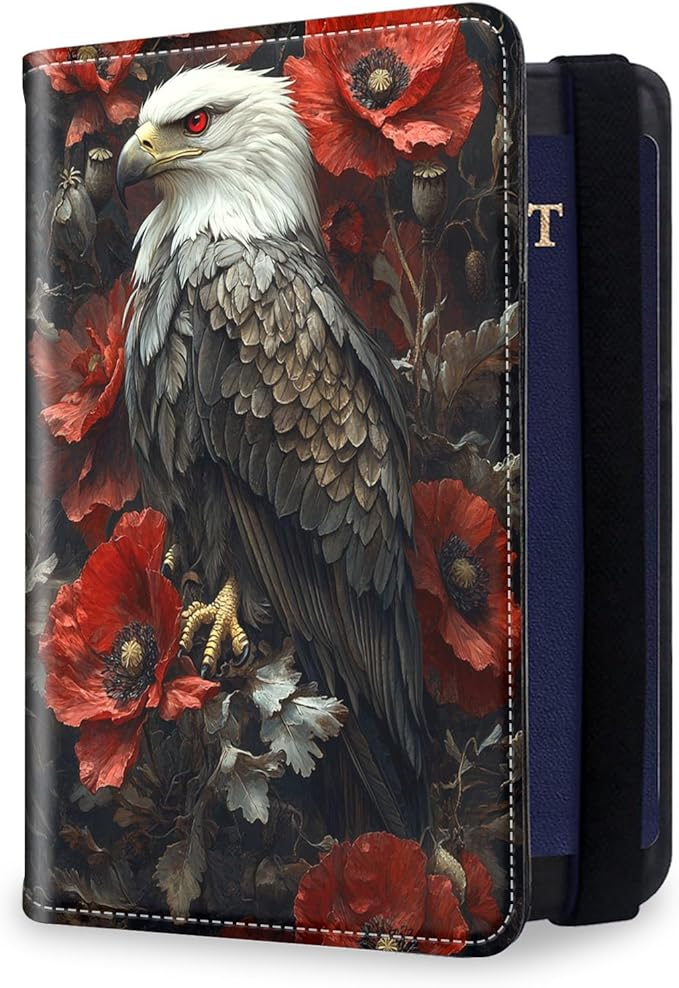 Passport Holder for Travel, RFID Blocking Passport Holder Travel Walle, Passport and Vaccine Card Holder, Vacation Must Haves Travel Accessories for Men Women, Eagle Red Flower
