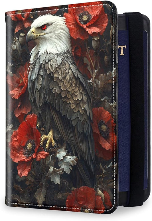 Passport Holder for Travel, RFID Blocking Passport Holder Travel Walle, Passport and Vaccine Card Holder, Vacation Must Haves Travel Accessories for Men Women, Eagle Red Flower