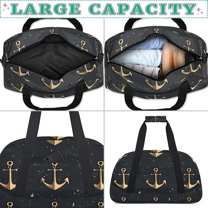 Golden Anchor Gym Travel Duffle Bag for Women & Men with Front Zipper Pocket for Sports, Overnight, Weekender, Carry On,Workout & Dance Bag,Black Ocean Anchor,18.9 * 8.7 * 10.6 in