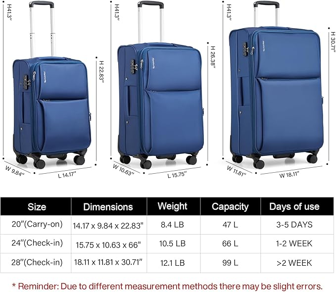 Hanke Softside Expandable 20 Inch Carry On Luggage with Wheels Airline Approved, TSA Luggage Lightweight Rolling Suitcases for Travel Carry On Bag(Blue)