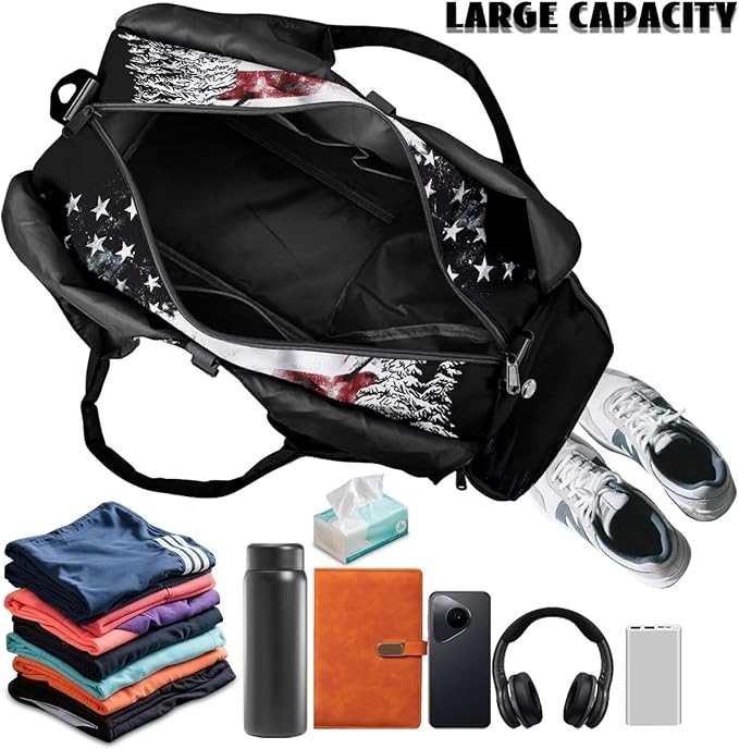 American Flag Wolf Sports Duffel Bag for Men Portable Lightweight Gym Bag with Shoe Compartment and Yoga Mats Holder Zipper Pockets Fitness Stylish Workout Bag for Gym Travel Weekender
