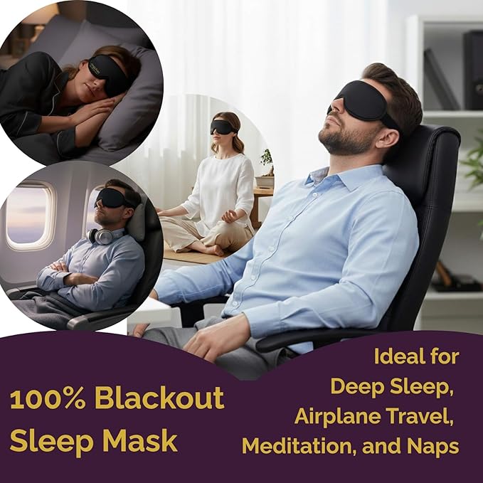 3D Sleep Mask for Back Sleepers - True Blackout Eye Masks for Sleep - Zero Eye Pressure Nose Seal Eye Cover for Meditation, Naps & Travel, Adjustable & Comfortable - Jet Black
