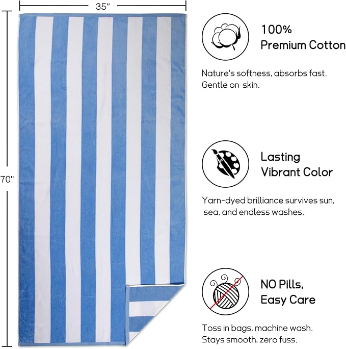 cabanana Large Oversized Beach Towel - 35 x 70 Inch Cotton Pool Towel, Blue Striped Soft Cabana Swim Towel