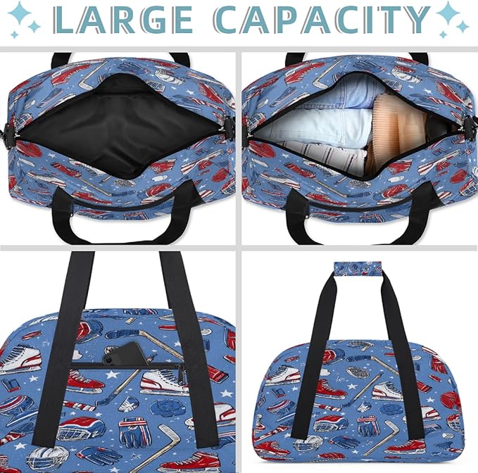 Kids Duffle Bag Girls Boys Cartoon Hockey Sports Roller Skates On Blue Weekender Overnight Bag,Lightweight Duffel Bags for Traveling Gym Sport Dance
