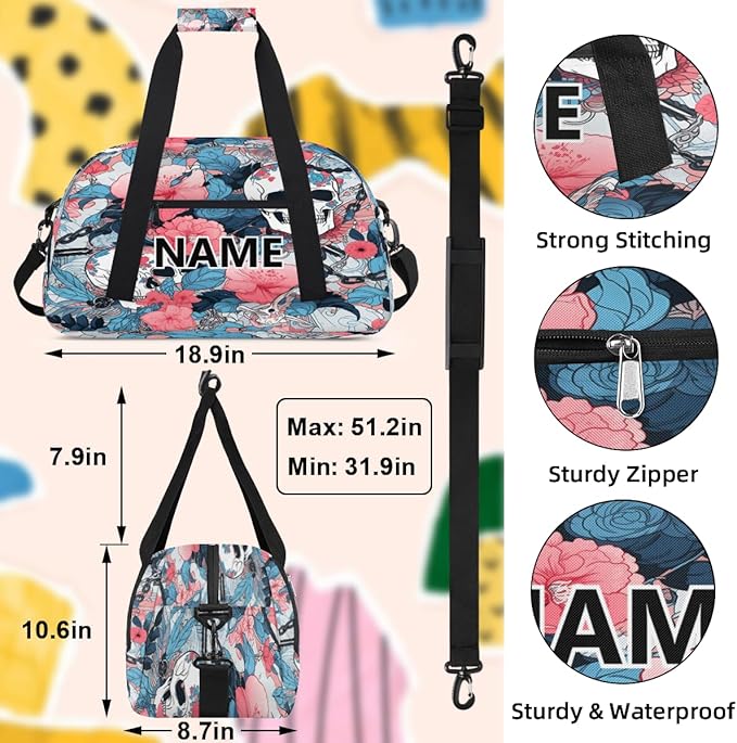 Sugar Skull Mini Gym Bag 18 inch for Women Men Waterproof Custom Skull and Flowers Travel Duffel Bag Carry On Overnight Tote Nurse Bag for Work Fitness Hiking