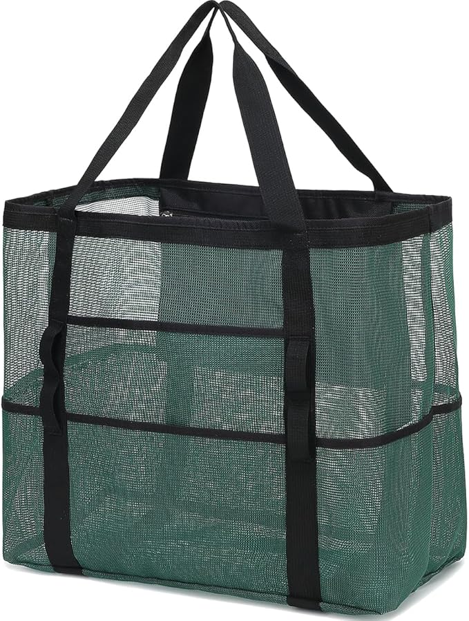 Mesh Beach Bag, Large Beach Tote with Zipper Pocket, Toys Pool Bag for Family Travel Vacation Cruise Essentials