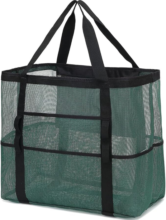Mesh Beach Bag, Large Beach Tote with Zipper Pocket, Toys Pool Bag for Family Travel Vacation Cruise Essentials
