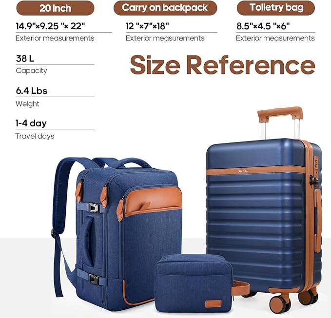 UKEIN Luggage Sets 3 Piece, Carry On Luggage 20In With Spinner Wheels,PC Hardside Suitcase Set with TSA Lock,Durable Carry On Suitcase With Travel Backpack for Men (Blue, 3 piece set (20inch))