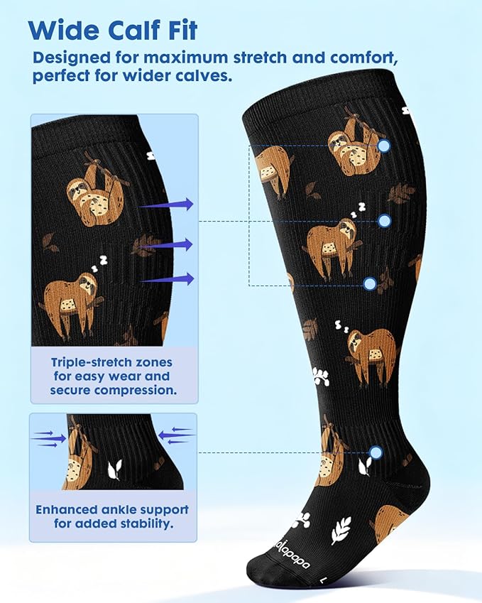 Wide Calf Compression Socks for Women - 3-Pair Plus Size 20-30mmHg Ankle Support Easy on off Socks for Travel Nurse