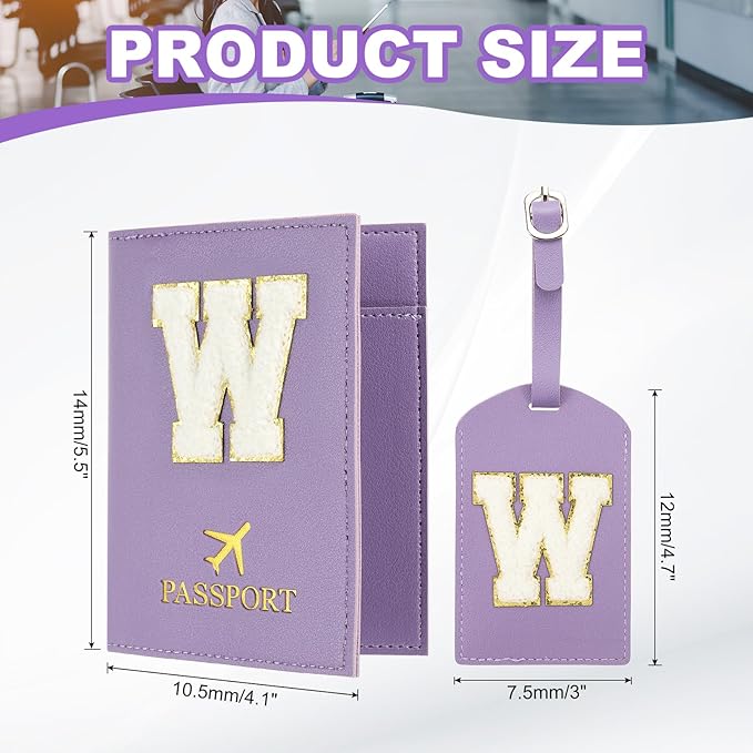 PATIKIL Passport Holder for Travel, Initial Passport Cover and Luggage Tag Set with Alphabet Chenille Letter Patch Travel Wallet Bag Suitcase Identifier for Women Family Travel Purple W