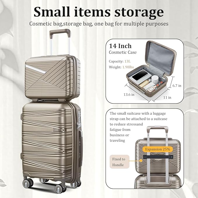 4 Piece Carry On Luggage Set 20 Inch, Expandable PP Hardshell Suitcase with Detachable Spinner Wheels & TSA Lock, Includes Cosmetic Case, Travel Tote & Toiletry Bag, Lightweight (Champagne)