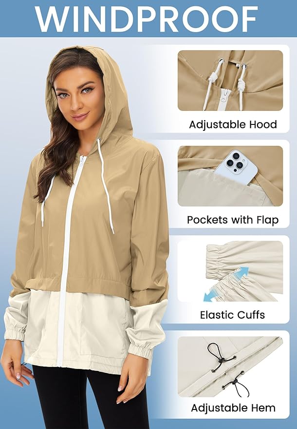 Zando Lightweight Rain Jacket Women Waterproof - Raincoat for Women Packable Rain coat Hooded Windbreaker for Travel Outdoor